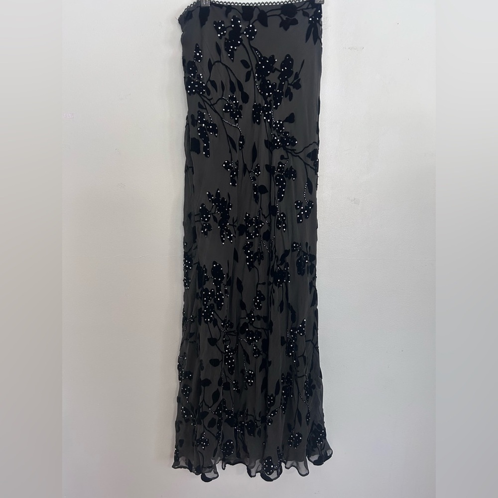 XSCAPE Black Velvet Burnout Silk Beaded Maxi Skirt 16 Formal Evening Wedding - Picture 4 of 15